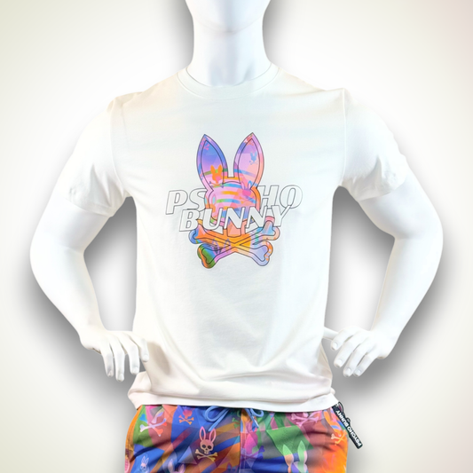 White cotton tee with large, colorful, Psycho Bunny design.